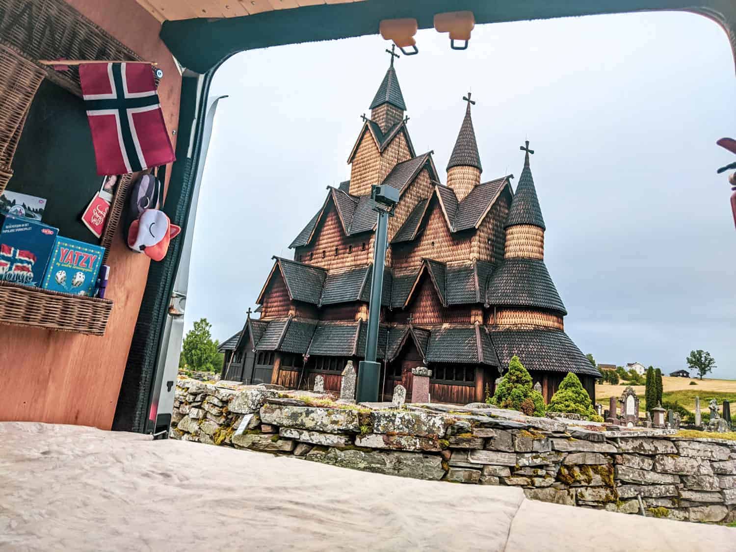 heddal stave church from campervan