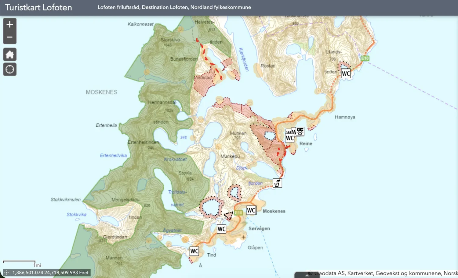 Map of restricted areas for wild camping in Lofoten