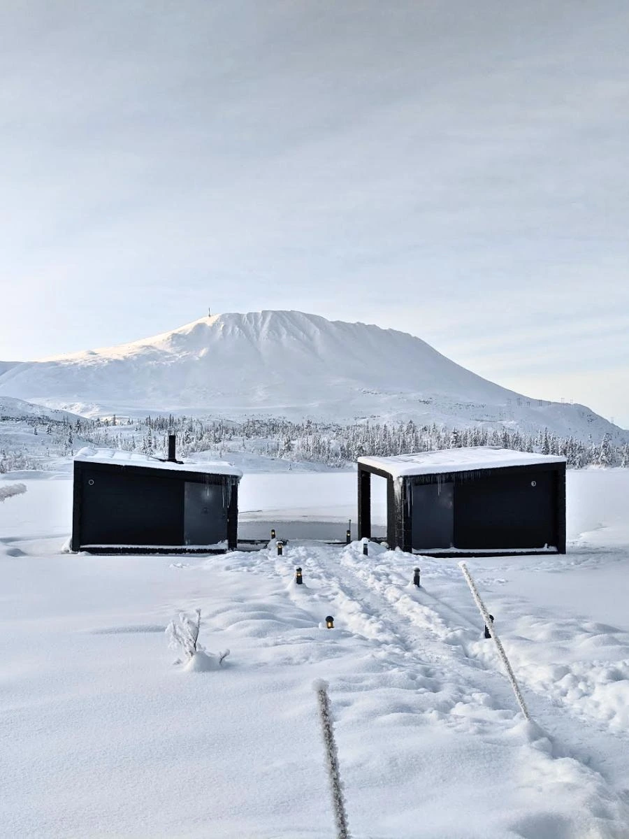 Two floating saunas in Gaustablikk Norway, a perfect relax after hiking Gaustatoppen on a campervan road trip